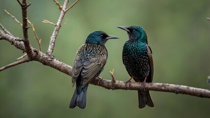 Fototapeta premium Starlings perched on a forest tree branch 