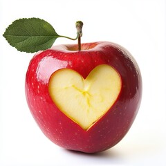 A ripe red apple with a green leaf and a heart-shaped cutout showing its yellow flesh, isolated on white.