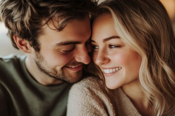 A cute couple smiling at each other, side view.