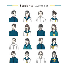制服を着た笑顔の学生のアバターセット