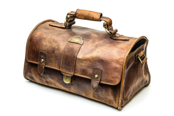 A vintage leather doctors bag isolated on a white background.