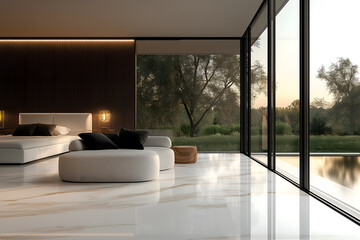 Fototapeta premium Ultra-Realistic Modern Interior Design: Villa Living Room with White Marble Floors, Glass Walls, and Minimalist Furniture