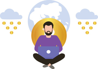 The boy is working on bitcoin cloud computing in his laptop.