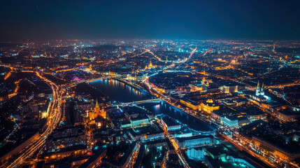 Fototapeta premium Panoramic view of Moscow at night from above.