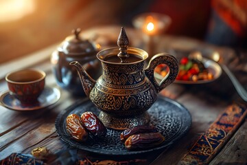 Arabic coffee served from an intricate pot with rich dark brew, dates, and colorful spices on a vibrant Middle Eastern table with warm ambient lighting. Traditional coffee concept