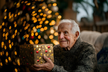 Alter Mann bekommt ein Geschenk an Weihnachten, made by AI