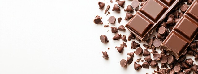  A tight shot of a chocolate bar, studded with chips, against a pristine white backdrop and surface