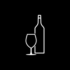 Bottle of wine and glass. Flat web icon or sign isolated on black background.