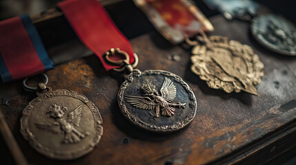 old Medals awarded for bravery and service on wooden table.