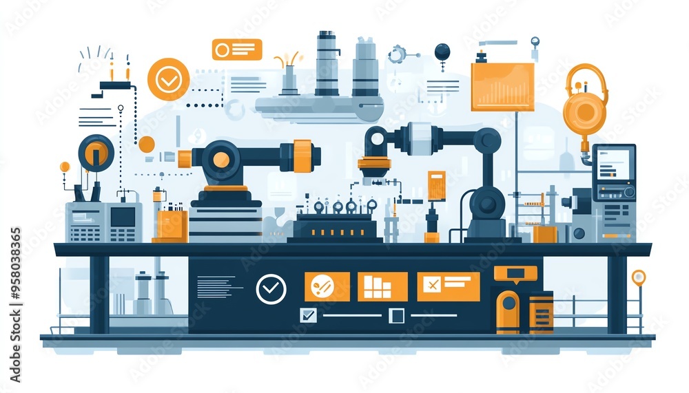 Poster Automation and workflow optimization in industrial settings, depicted with checkboxes and visual elements illustrating improved business processes