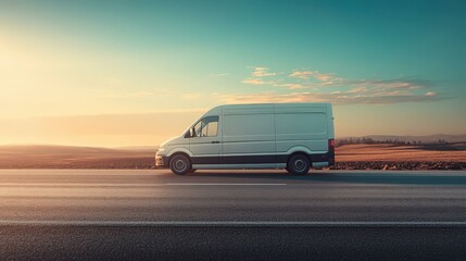 Fototapeta premium White Delivery Van Driving on Road at Sunset