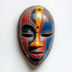 Colorful African mask isolated on a clean white background.