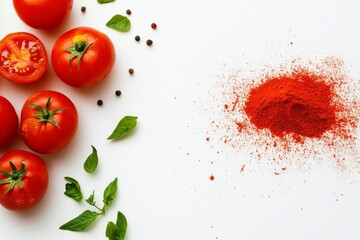 Tomato powder and tomato on white background , Concept of Tomato extract , Generative AI