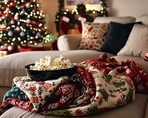 A luxurious Christmas bedroom setup with a neatly made bed featuring holiday-themed bedding a garland draped over the headboard 