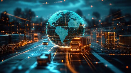 Futuristic global logistics concept with digital globe overlay on busy road with trucks, representing transportation and technology.