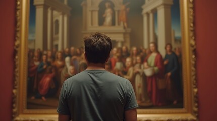 Man admiring renaissance paintings in a classic art museum gallery