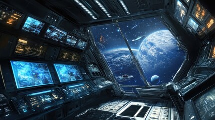 Obraz premium Spaceship Cockpit View of Earth and Stars