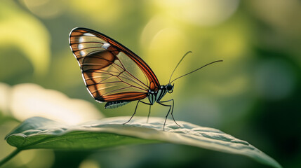 Fototapeta premium Close-up of a Delicate Butterfly on a Green Leaf