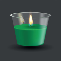Green aroma scented candle with burning flame in glass realistic vector illustration