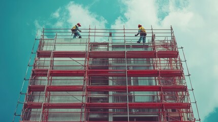Naklejka premium Workers are constructing a modern building using scaffolding under a bright blue sky, emphasizing teamwork and safety in construction.