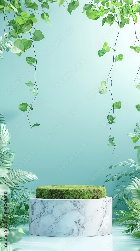 Sticker Marble Podium with Green Foliage.