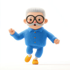 AA cute, cartoon-style character of a senior man with gray hair and a mustache, wearing blue pajamas and yellow slippers, running on a white back ground