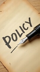 Fountain pen on policy document with aged paper background