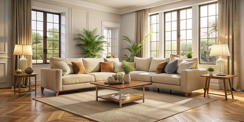 A comfortable beige sofa occupies the center of the spacious living room, blending seamlessly with the neutral color