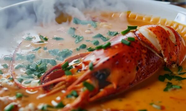 Creamy lobster bisque garnished with chives, Video