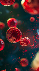Fototapeta premium Close-up of red blood cells on a dark background. Concept of science, experiments, laboratory.