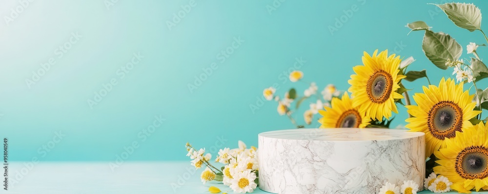 Poster Marble Podium with Sunflowers and Daisies on a Turquoise Background.