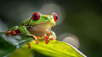 Naklejka premium Red-Eyed Tree Frog Perched on a Leaf in the Rainforest