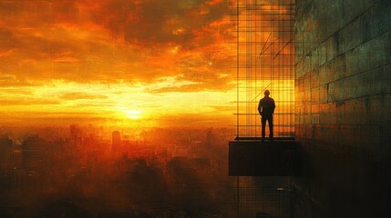 Naklejka premium A silhouette of a worker overlooking a vibrant sunset from a construction site, symbolizing hope and progress.