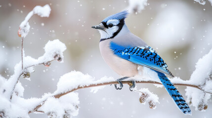 Blue Jay Perched on a Snowy Branch in Winter