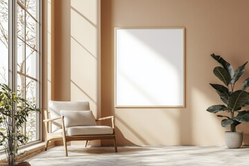 Poster Frame in Beige minimalist living room interior created with generative AI