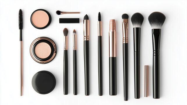 A variety of makeup brushes and cosmetics arranged neatly on a white background for beauty enthusiasts and professionals