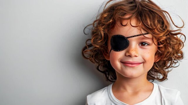 Young child with curly hair wearing an eye patch smiles warmly against a gray wall in a cozy indoor setting