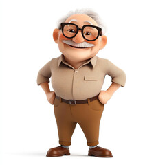 A cute, cartoon-style smiling elderly man wearing glasses, a tan shirt, brown pants, and brown shoes on a white background