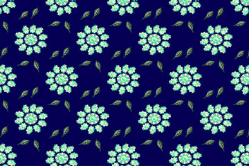 Azure Floral Dance: A captivating textile design featuring teal floral medallions waltzing across a deep blue canvas, accented by delicate green leaves. 