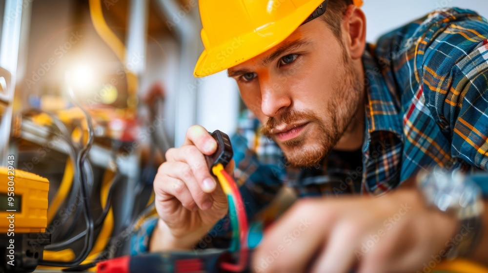 Wall mural Close-up of a construction worker using a screwdriver to install electrical wiring, with tools and construction equipment visible, highlighting the detail-oriented nature of electrical work