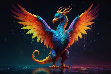 Sleek and Mysterious Digital Pet in Neon Hues: A Mythical Fusion of Dragon and Phoenix"