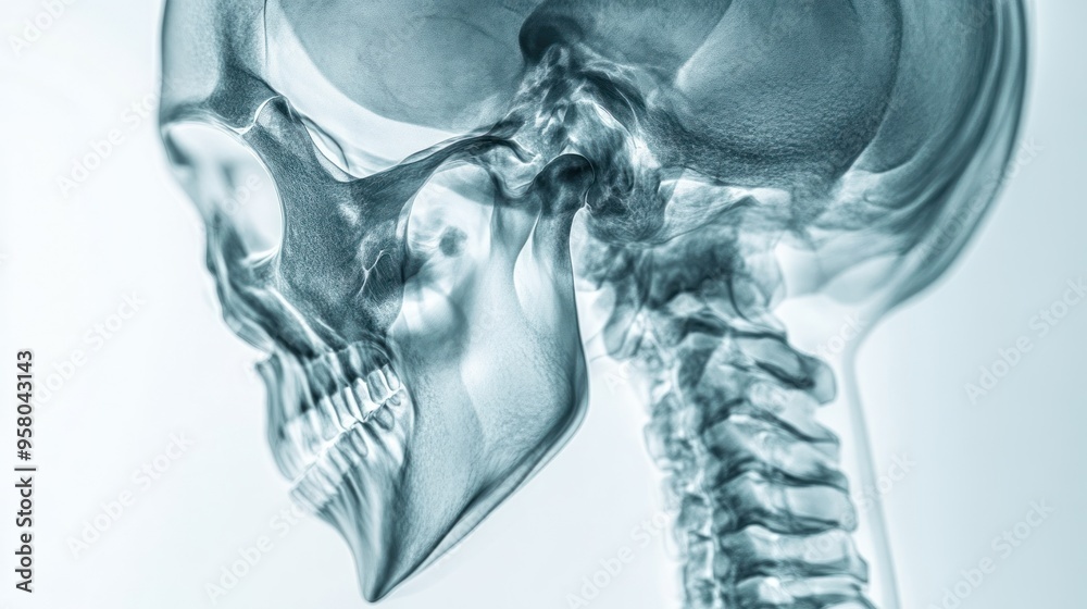 Sticker Side profile of a human skull and neck bones in a medical x-ray image.