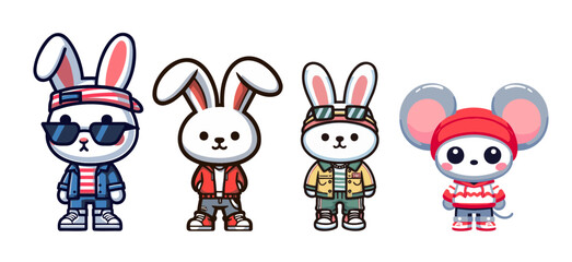 Naklejka premium 时尚兔子Stylish cartoon rabbit character in fashionable attire, vector design resource for creative projects. Adorable bunny with trendy accessories and vibrant colors, perfect for children’s products, 