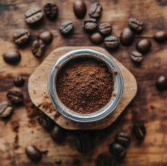 ground coffee in a bowl, with coffee beans scattered on a wooden table