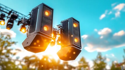 Outdoor concert stage speakers set up against a clear blue sky, ready for a vibrant performance.