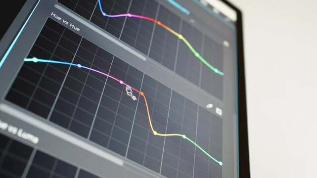 Video editing. Color grading with curves. Screen close up