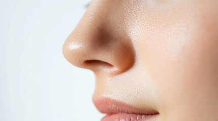 Obraz premium Close-up side view of a woman's nose with smooth skin and a hint of a smile.