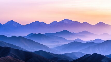 Fototapeta premium A high-definition, distant view of the Qilian Mountains at dawn, with mist, soft colors, and smooth textures creating a serene and artistic landscape
