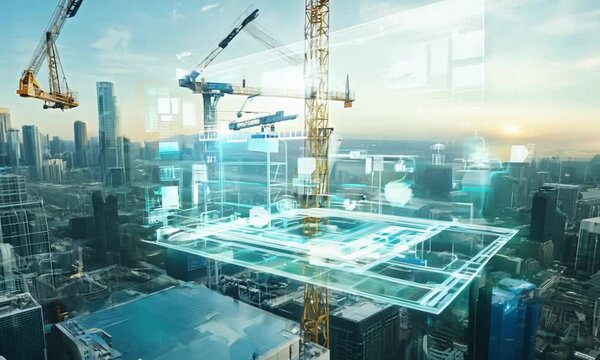 Futuristic Construction Site with Digital Blueprint Overlays