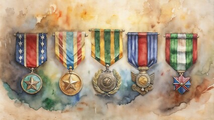 Watercolor military real medals background, various military real medals with ribbons in vibrant colors on a soft beige background, honorable and decorative